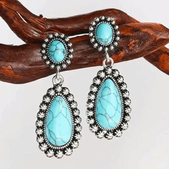 Silver Turquoise Western Tear Drop Pendant Necklace & Earring Set - Picture 5 of 7